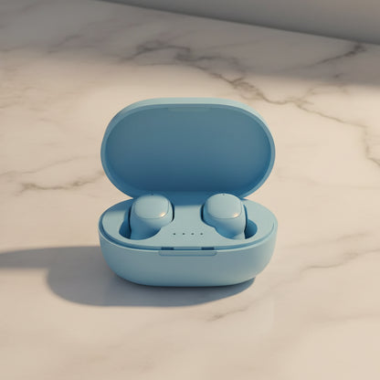 Blue wireless earbuds in an open case on a white background