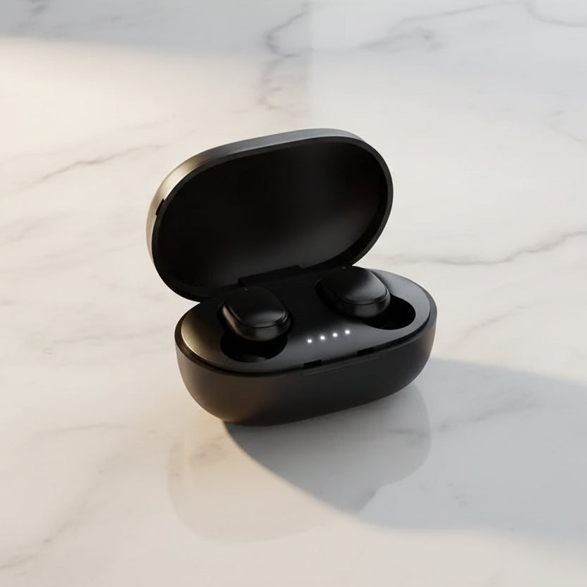 Black wireless earbuds in a charging case on a white background