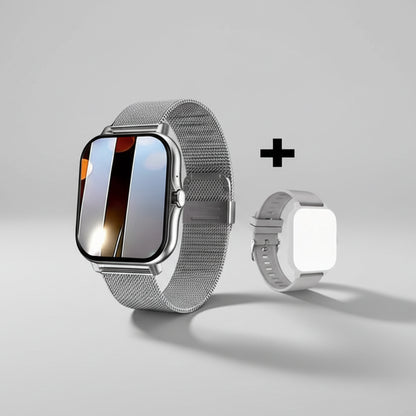 Smartwatch with a metal mesh band on a reflective surface