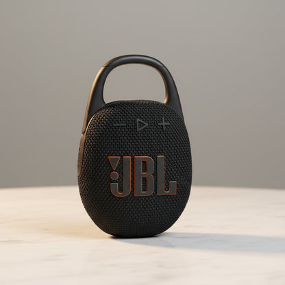 Black JBL speaker with dimensions and branding on an orange background