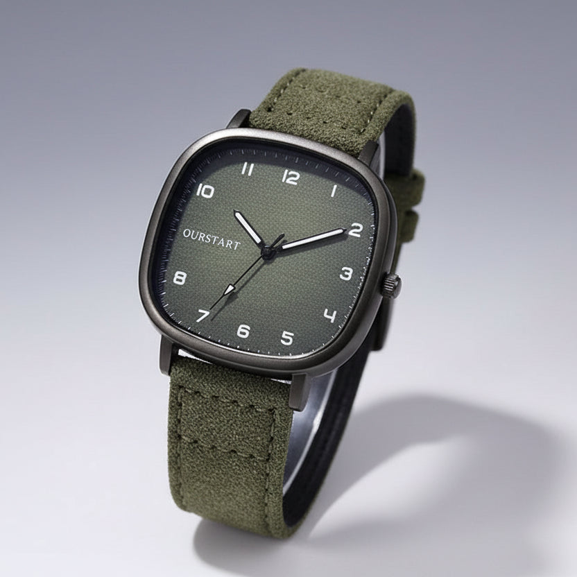 Green watch with a black strap 