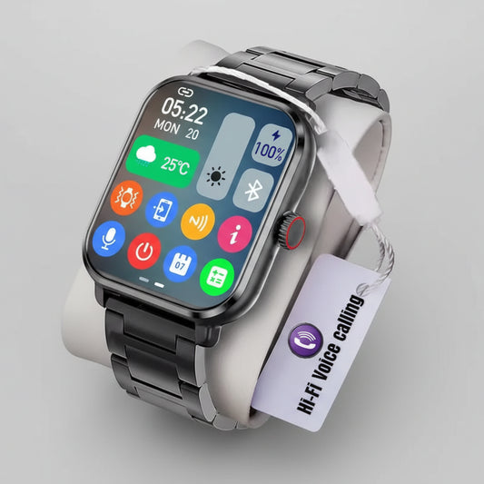 Smartwatch with a metal band on a white surface, showing a colorful display.