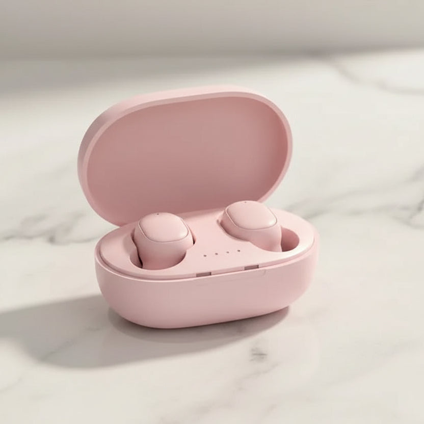 Pink wireless earbuds in a matching case on a white background