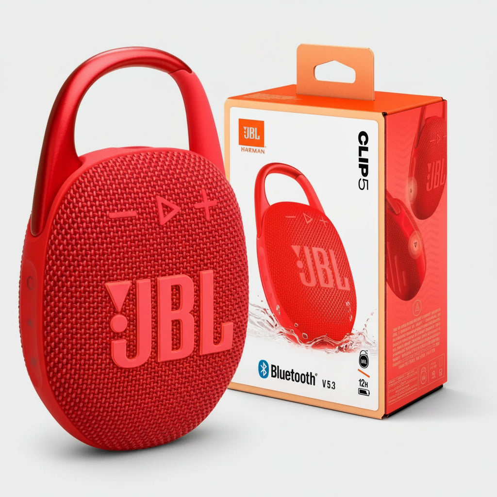 Red JBL Clip 5 portable speaker with packaging on a white background