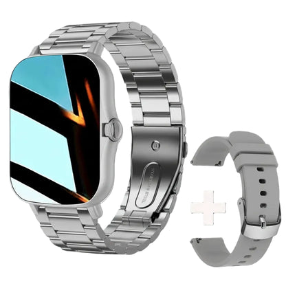 Silver smartwatch with metal band on a gray background
