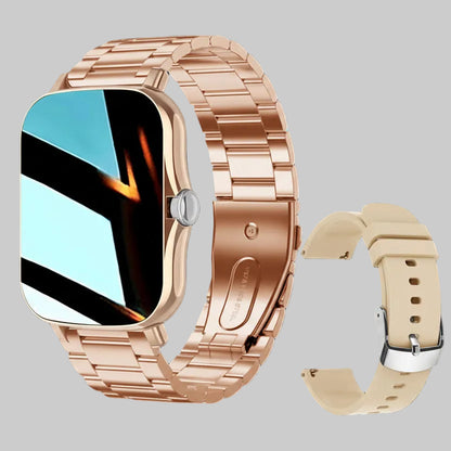 Smartwatch with rose gold metal band and beige leather band on a beige background