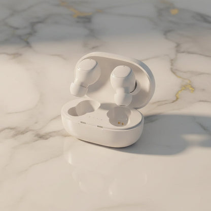 White wireless earbuds in a charging case on a white background