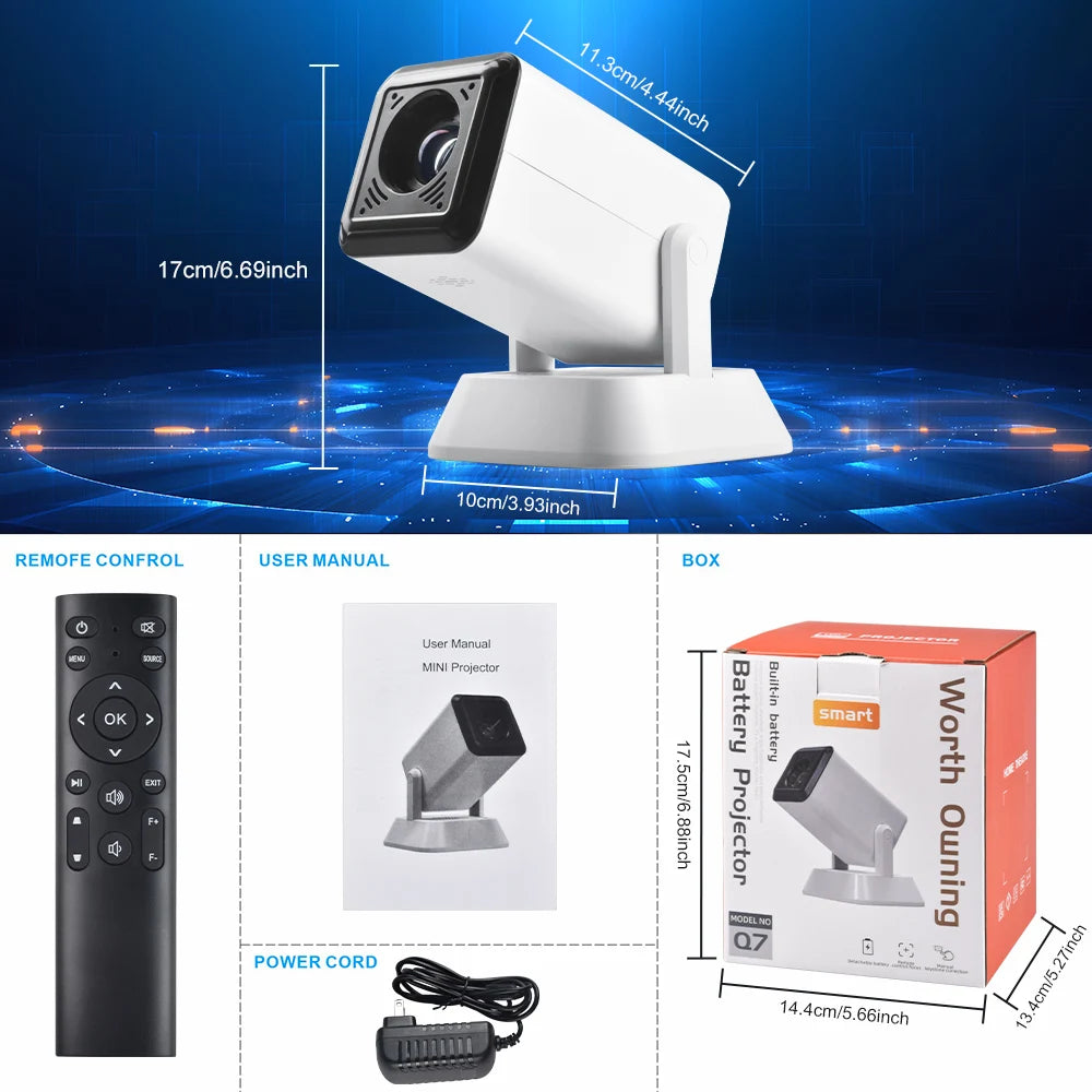 Smart battery projector with remote control, power cord, user manual, and packaging on a blue background.