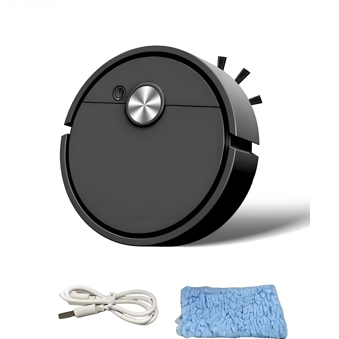 Robotic vacuum cleaner with a cable and microfiber cloth on a white background