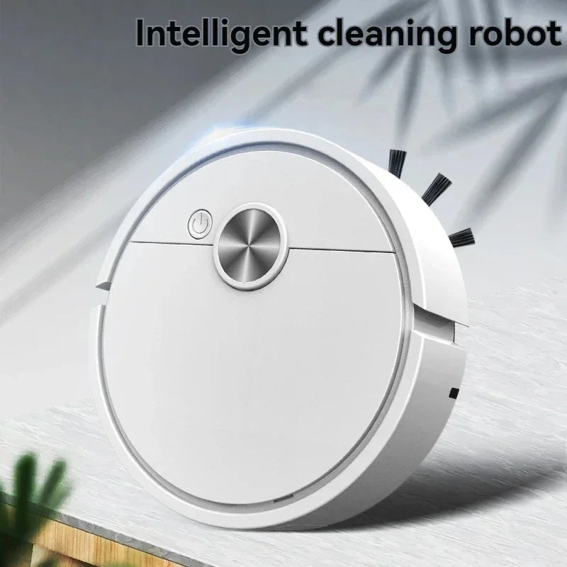 Intelligent cleaning robot on a light gray background with text