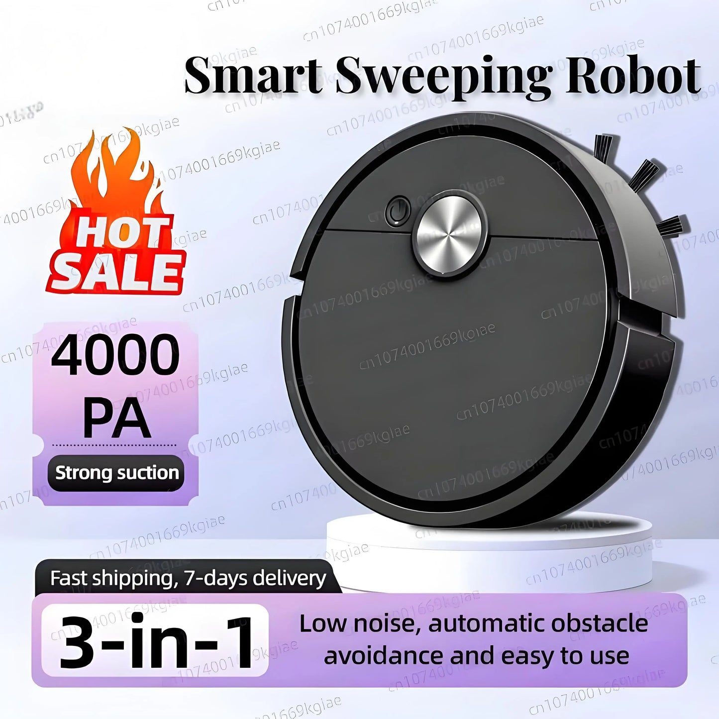 Smart sweeping robot with promotional text on a light purple background