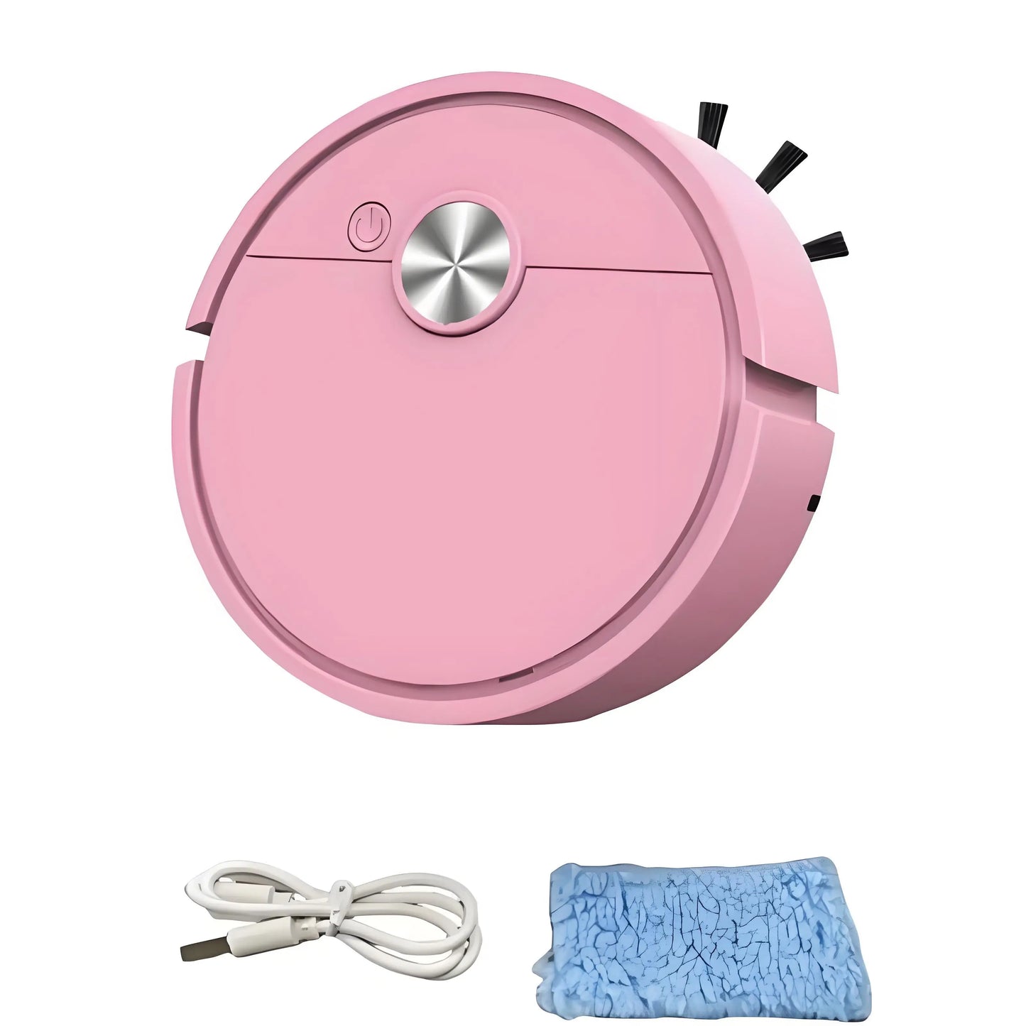 Pink robot vacuum cleaner with charging cable and cleaning pad on a white background