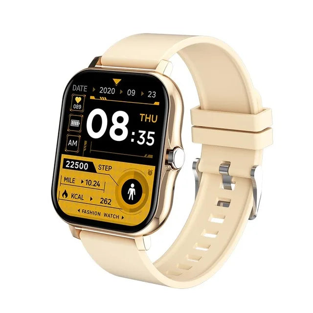 Smartwatch with a beige strap on a white background