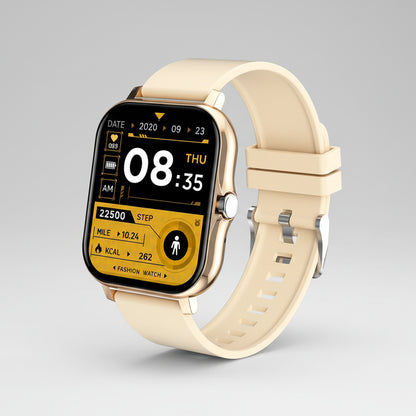 Smartwatch with a beige strap on a white background