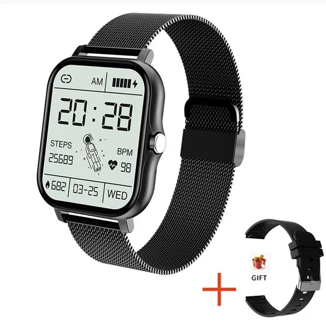 Smartwatch with black mesh band and additional band on a white background