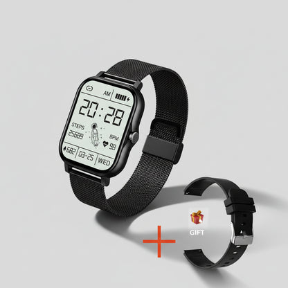 Smartwatch with black mesh band and additional band on a white background