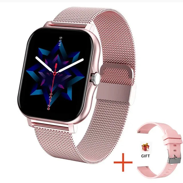 Smartwatch with rose gold mesh band and additional band on a white background