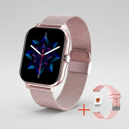 Smartwatch with rose gold mesh band and additional band on a white background