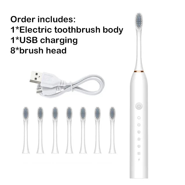 Electric toothbrush set with body, USB charging cable, and multiple brush heads on a white background.