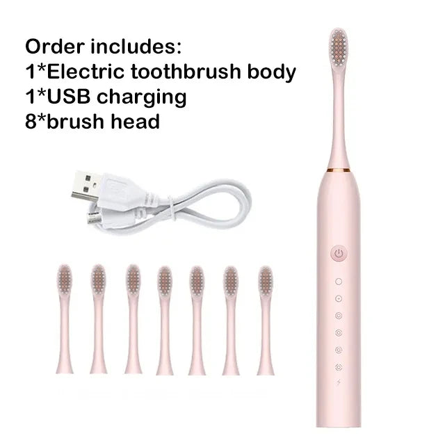 Electric toothbrush set with body, USB charging cable, and multiple brush heads on a white background.