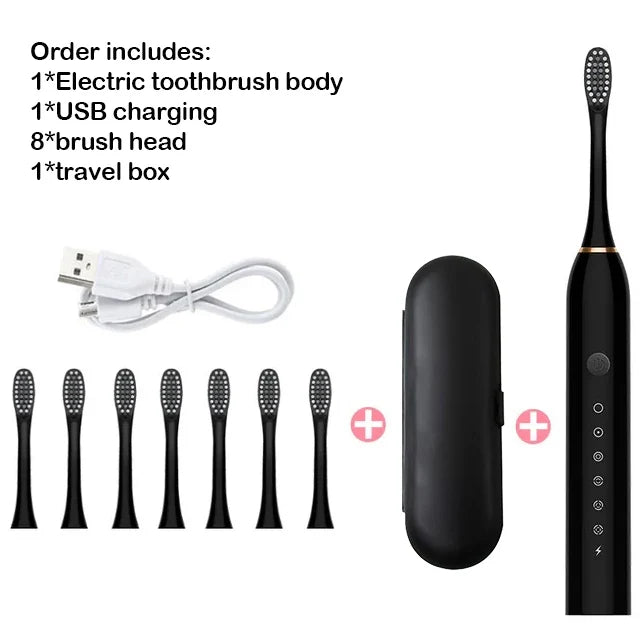 Electric toothbrush set with body, USB charging cable, travel box, and brush heads on a white background.