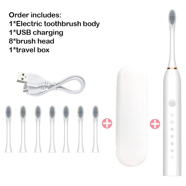 Electric toothbrush set with body, USB charging cable, travel box, and brush heads on a white background.