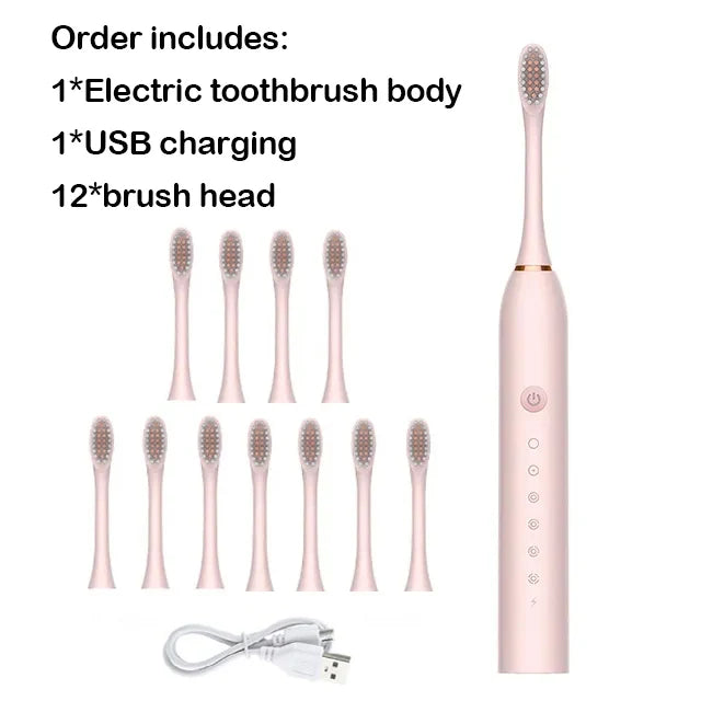 Electric toothbrush set with body, USB charging cable, and multiple brush heads on a white background.