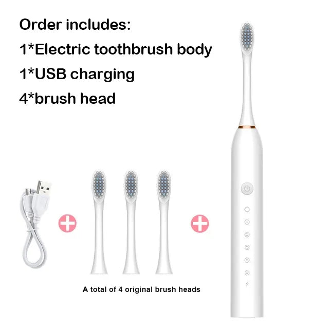 Electric toothbrush set with body, USB charging cable, and four brush heads on a white background.