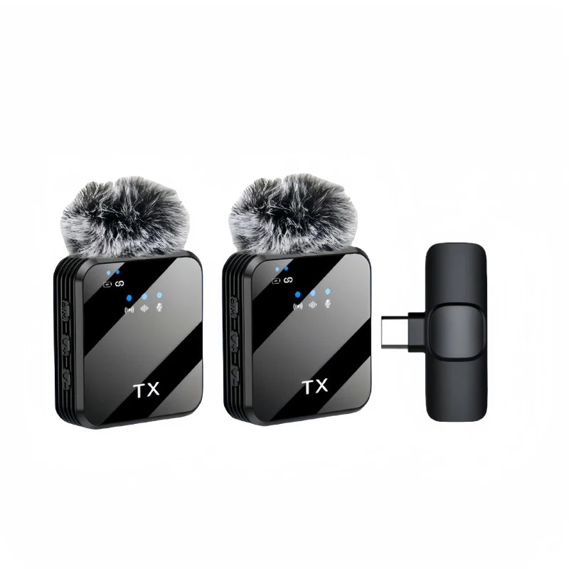 Two black audio transmitters with fuzzy tops and a USB receiver on a white background.