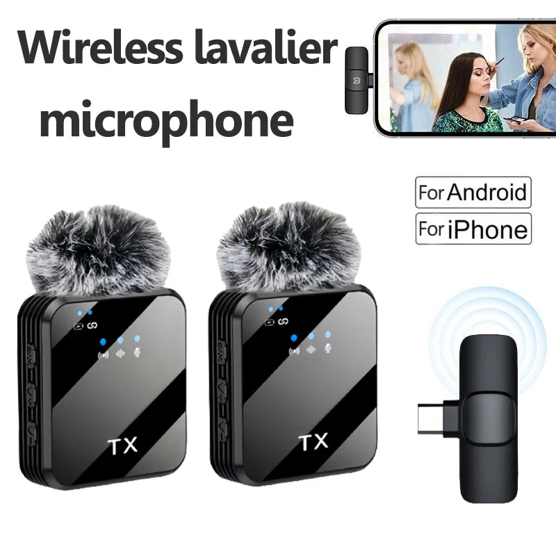 Wireless lavalier microphone system with two transmitter units and a receiver, suitable for Android and iPhone devices.