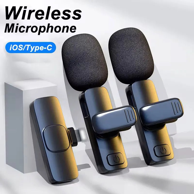 Wireless microphone set with iOS and Type-C compatibility on a white background